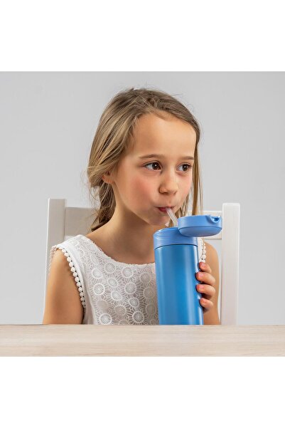 reer Sticla de baut cu pai din silicon pentru copii, din otel inoxidabil, 350ml, albastru, 90103