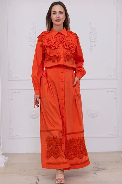 lodmela Rose Design and Lace Detail Cotton Double Suit 4710-Orange