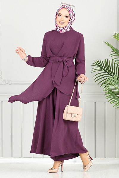 ModaMerve Asymmetric Cut Hijab Suit 4743Znk903-M Plum
