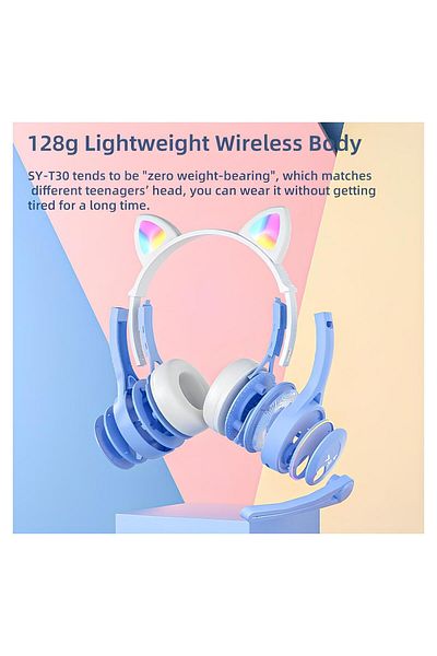 Generic Sy-T30 Wireless Stereo Bluetooth Headphone with Microphone and Cute Cat Ear LED Light