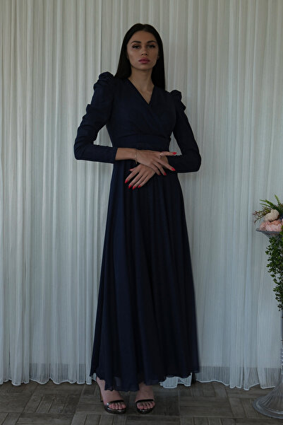 Feminist V Yaka Parıltılı Uzun Kollu Abiye Lacivert 6502514