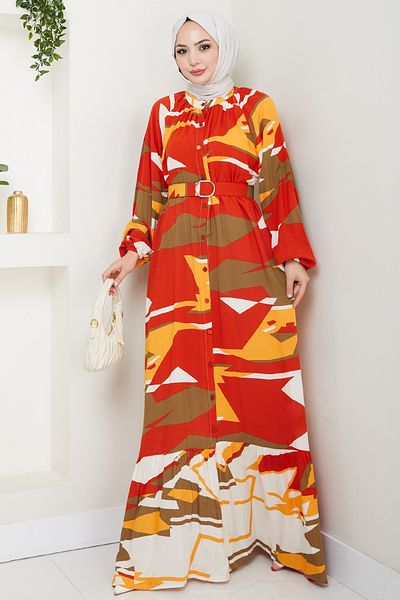 InStyle Botanical Pattern Red Viscose Dress