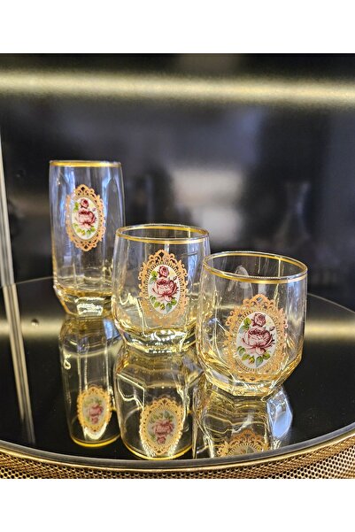 ALANYA HOME DECOR ROSE PATTERNED HONEY GOLD CORNERED 18PCS GLASS GÜL DESEN BAL ALTIN KÖŞELİ 18 PARCA BARDAK TAKIMI
