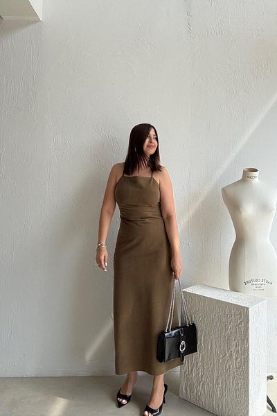 ELVAN TOLON Rochie kaki personalizată țesută cu spate jos