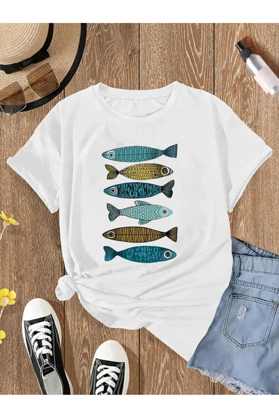 YRN COLLECTION Tricou de damă verde kaki cu imprimeu pește