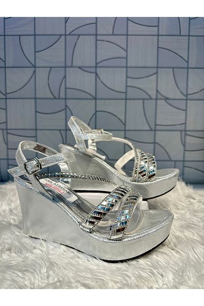 Anıl Ayakkabı Lg 442 Silver Gray Plastering Pattern Two Band Stone Single Band Detail Wedge Heel Casual Evening Dress Stylish Shoes