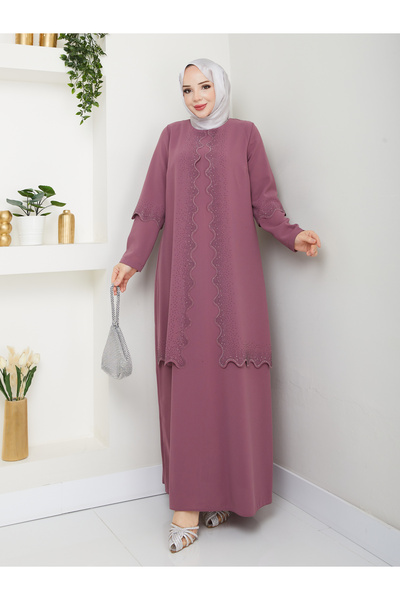 KMKkombin Anne Taş Baskı Detaylı Şık Petek Kumaş Abiye Elbise 1415