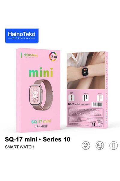 haino teko germany SQ-17 Mini Series 10 Smart Watch with AMOLED Display, 3 Pairs of Straps, and Multi-Color Wireless Charger