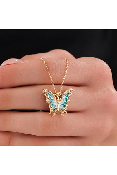 HOBİSY GIFT SHOP Elegant Butterfly Steel Necklace – Gold Color Necklace with Turquoise Zircon Stone