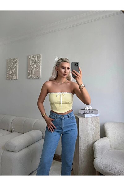 Zora Butik Bağlamalı Straplez Crop-SARI