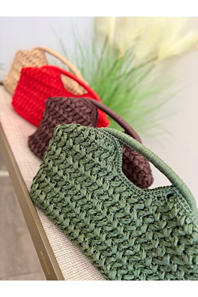 YELİZ HANDMADE El yapımı Marka Model Clutch çanta deri tabanlı hasır çanta