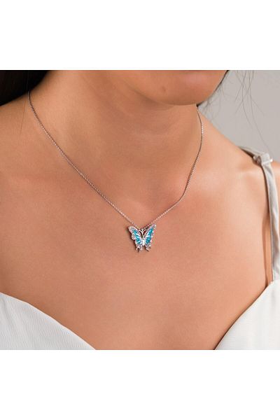 HOBİSY GIFT SHOP Turquoise Stone Butterfly Necklace – Silver Color – Elegant and Sparkling Design Steel Necklace