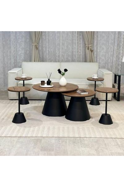 l'elefante Set Of 6 Nested Coffee And Side Tables With Solid Wooden Surface And Metal Base