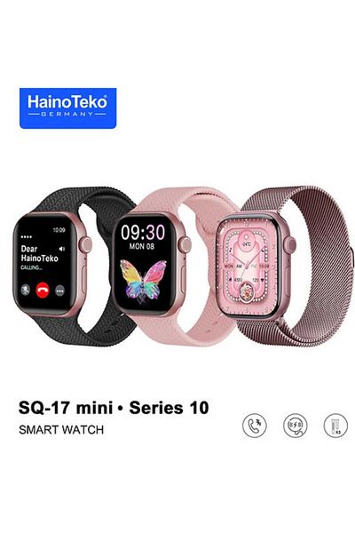haino teko germany SQ-17 Mini Series 10 Smart Watch with AMOLED Display, 3 Pairs of Straps, and Multi-Color Wireless Charger