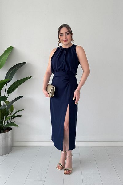 MaziButik Flowing Top Slit Dress Navy Blue