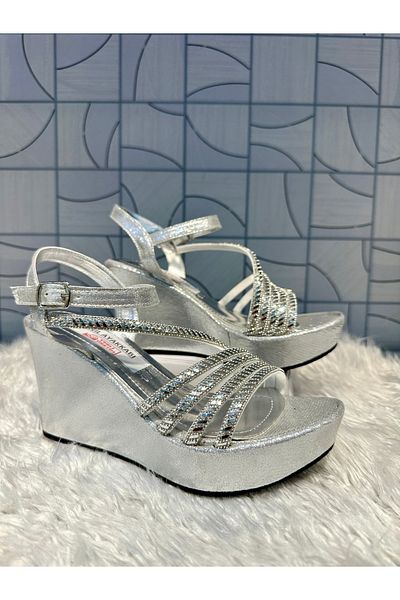 Anıl Ayakkabı Lg 402 Silver Gray Plastering Pattern Four Band Stone Single Band Detail Wedge Heel Casual Evening Dress Stylish Shoes