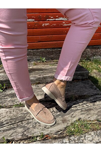 BURCU COLLECTİON Bianca Pendant Lamp Mink Suede Women's Loafer with Gold Accessories