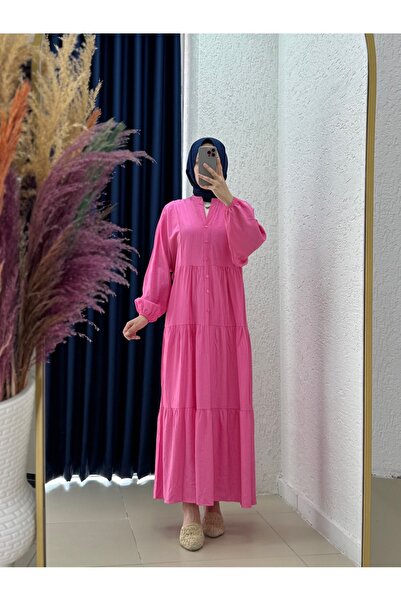 Mihra Φόρεμα Çilek Casual με 6 κουμπιά-NA2350 Ροζ