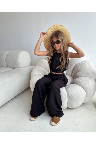 BALCI SİYAH KETEN KIZ ÇOCUK TAKIM CROP ASTARLI WIDE LEG PANTOLONU ŞORT ASTARL...