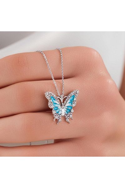 HOBİSY GIFT SHOP Turquoise Stone Butterfly Necklace – Silver Color – Elegant and Sparkling Design Steel Necklace