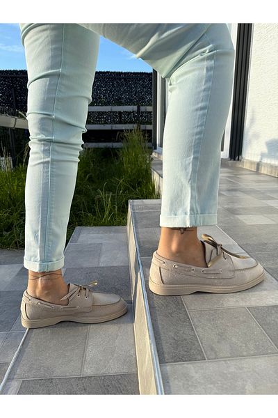 BURCU COLLECTİON Sandra Beige Suede Women's Loafer with Lace Detail