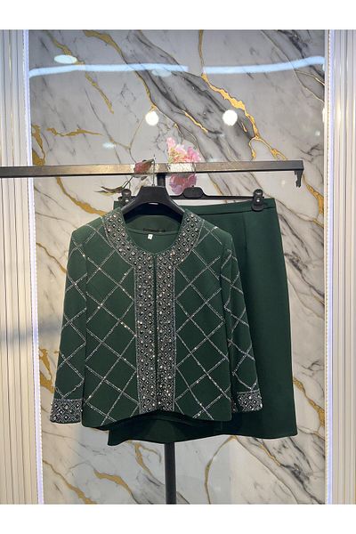 MİSS DİAMOND Embroidered Detailed Crepe Fabric Green Triple Suit