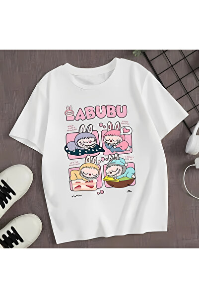 MECH BUTİK Unisex Kadın/Erkek Siyah/Beyaz Tişört Labubu Yeni Baskılı Tişört T...