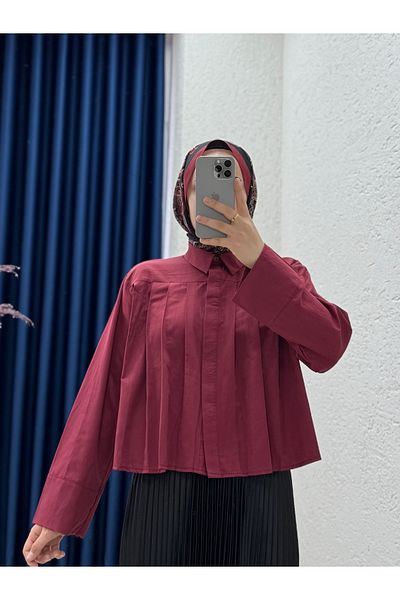 Mihra Serara κοντό πλισέ πουκάμισο-BN4151 Claret Red