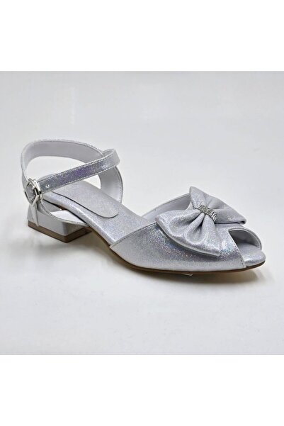 Tarz Çocuk Bow Detail Pearlescent Gray Girl's Evening Dress Shoes