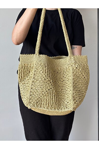 MSM M'sm Kadın Hasır Çanta, Örme Çanta, Hediye Çanta, Kağıt İpten Çanta, Omuz Çantası,Örgü Çapraz Çanta