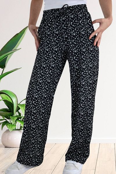 Mood Lab Women's Elastic Waist Black Floral Printed Wrap Palazzo Trousers