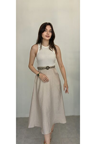 Harze Butik kemerli krem uzun elbise