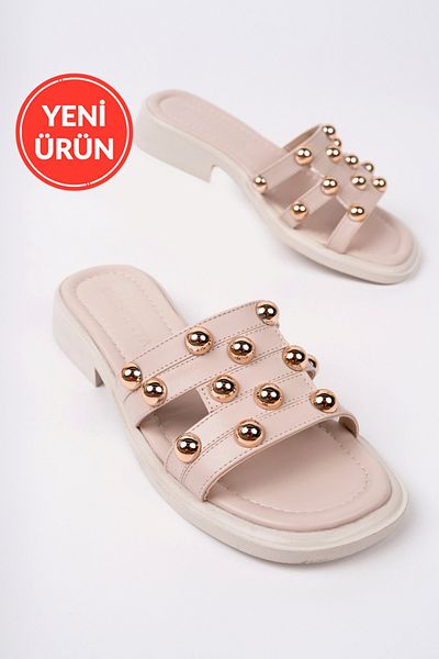 MARSHETTA Lucetta Model Gold Staple Accessory Daily Beige Women's Slippers