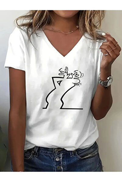 WOODROFFE تي شيرت نسائي برقبة على شكل حرف V مطبوع عليه رسومات Bay Curious