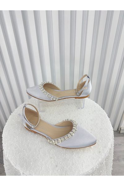 Almera's Shoes Silver Satin Stone Detailed Ballerinas