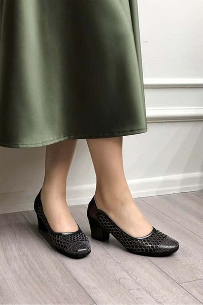KİNDEP Kindep Drop Stone Detailed Classic Heeled Women's Shoes Platinum