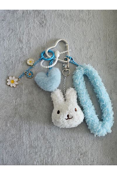 SiestaAccessories Blue White Rabbit Floral Heart Plush Bag Charm / Accessory / Ornament / Keychain
