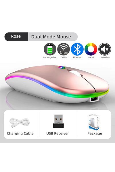 ABYZ Wireless RGB Gaming Mouse Bluetooth 5.1 & 2.4GHz USB Charging Silent Ergonomic Adjustable DPI Pink
