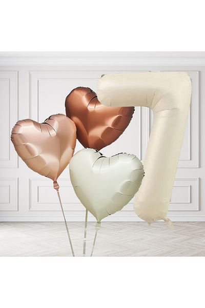 tedaks 7 Years Old Retro Cream Beige Brown Heart Balloons Set Birthday Balloon with Cream Figures Stylish Party Ornament