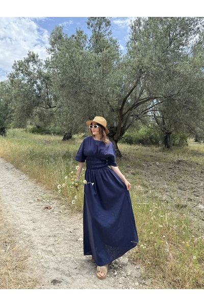 Kadınle Linen Short Sleeve Long Dress - Navy Blue