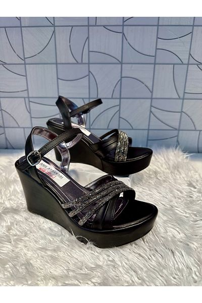 Anıl Ayakkabı Ves 670 Women's Black Skin Cross Three Stripes Stone Detail Laced Wedge Heel Daily Evening Dress Stylish Shoes