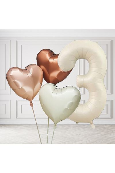 tedaks 3 Years Old Retro Cream Beige Brown Heart Balloons Set Birthday Balloon with Cream Figures Stylish Party Ornament