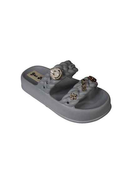 Yaz Kış Ayakkabı Yazkiş Women's Black Cream Green Gray Double Striped Rubber Sea Beach Pool Slippers with Stones on Top
