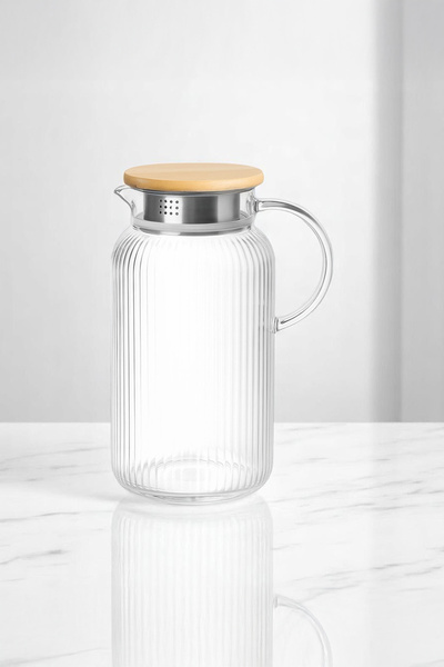 Vadi Bambu Kapaklı Borosilikat Isıya Dayanıklı Çizgili Cam Sürahi 1,6 Litre