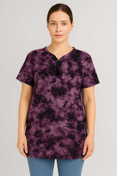 Vinola Women's Plus Size Baby Collar Lace Detail Tie-Dye Pattern Blouse