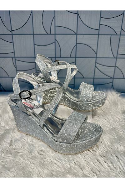 Anıl Ayakkabı Ves 690 Women's Silver Glitter Cross Single Strap Detail Laced Wedge Heel Daily Evening Dress Stylish Shoes