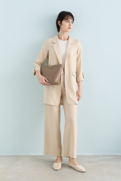 Nihan Elastic Waist Wide Leg Trousers Beige