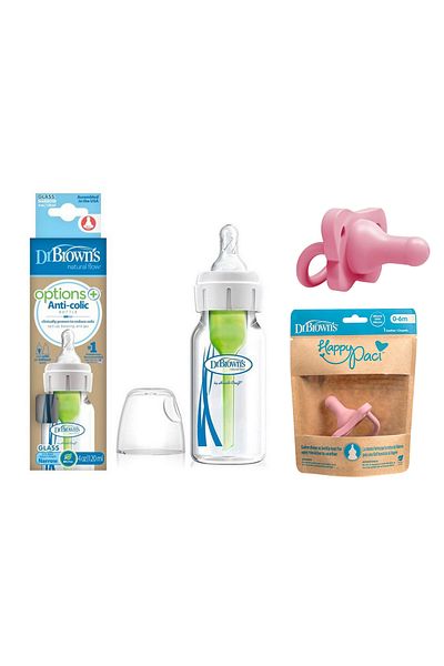 Dr.Brown's Dr. Brown's Narrow Mouth 120 ml Anti-Colic Options+ Glass Feeding Bottle + Happy Paci Pacifier (0-6Months)Set