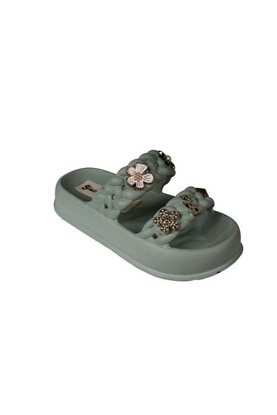 Yaz Kış Ayakkabı Yazkiş Women's Black Cream Green Gray Double Striped Rubber Sea Beach Pool Slippers with Stones on Top