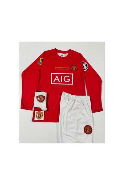 kombinezyum M.Unitedd Moskova 2008 Sezonu #7 Cristiano Ronaldo Uzun Kol Çocuk Forması 4'Lü Set (Armalı)